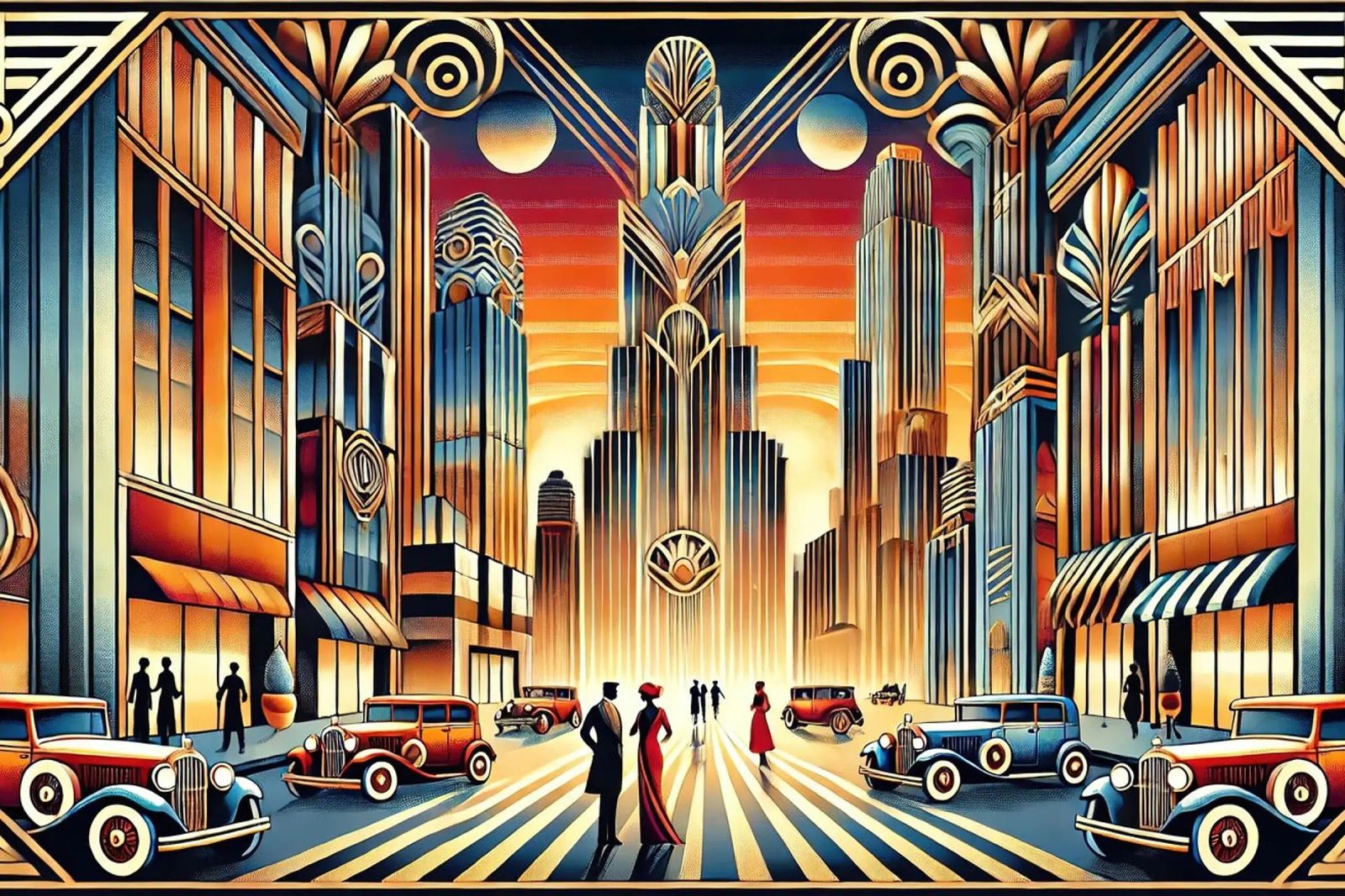 Elegantes Art-Déco-Stadtbild Poster von Chromatic Fusion Studio