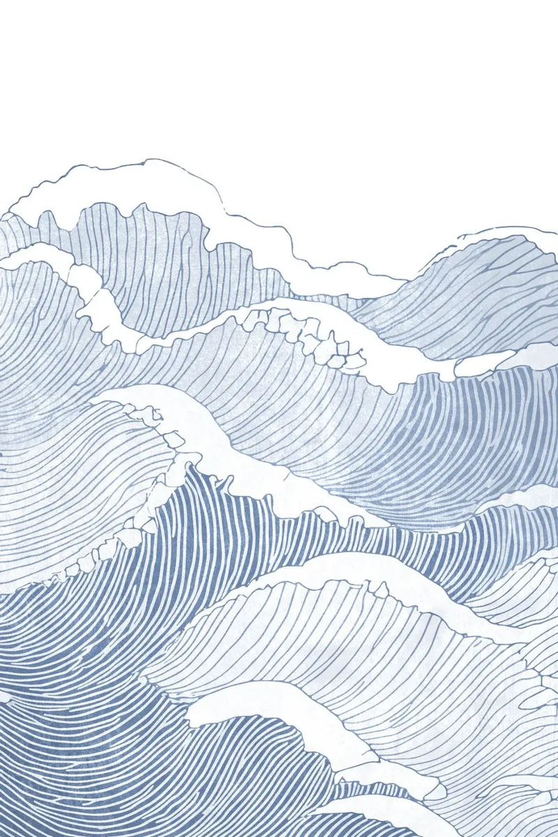 Linea d'arte dell'onda blu - Illustrazione minimalista dell'oceano poster con telaio in alluminio da Melloi Art Print