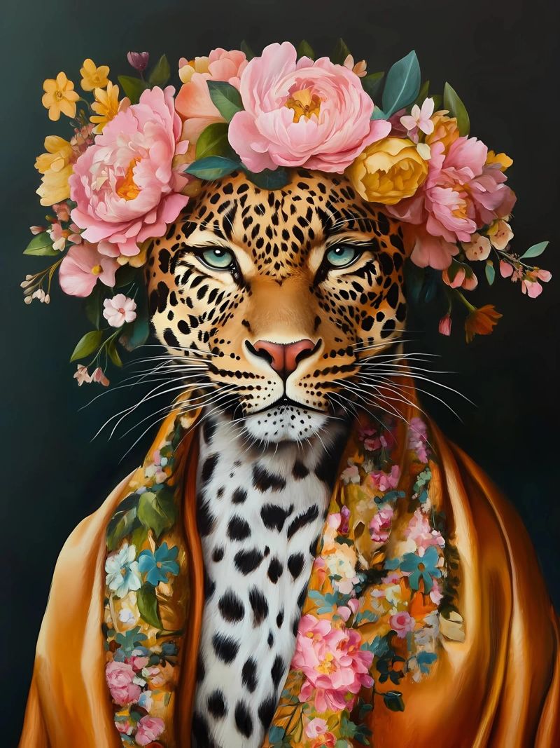 Leopard im Blumenkranz Poster von Olga Wildrose