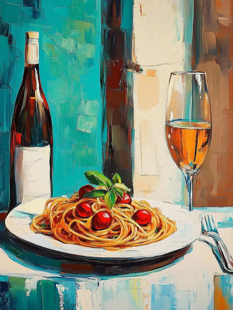 Spaghetti et vin italien poster con telaio in legno da Spice & Style