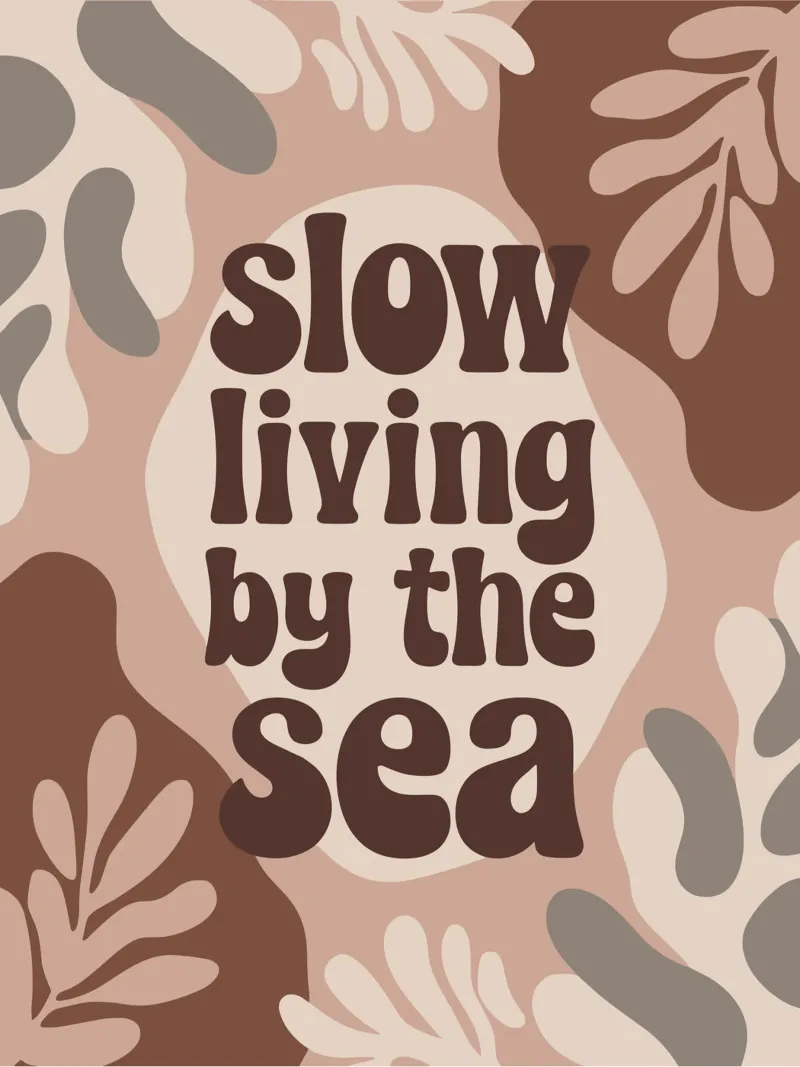 Slow Living by the Sea – Boho Coastal Minimalism Poster mit Holzrahmen von Soleil Basque