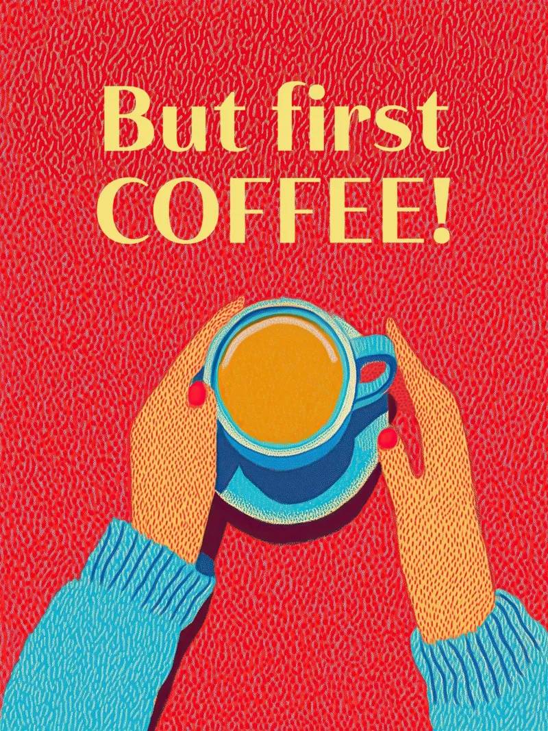 Coffee Wall Art - Ma prima il caffè! Opera d'arte pop femminile poster con telaio in legno da Kaji