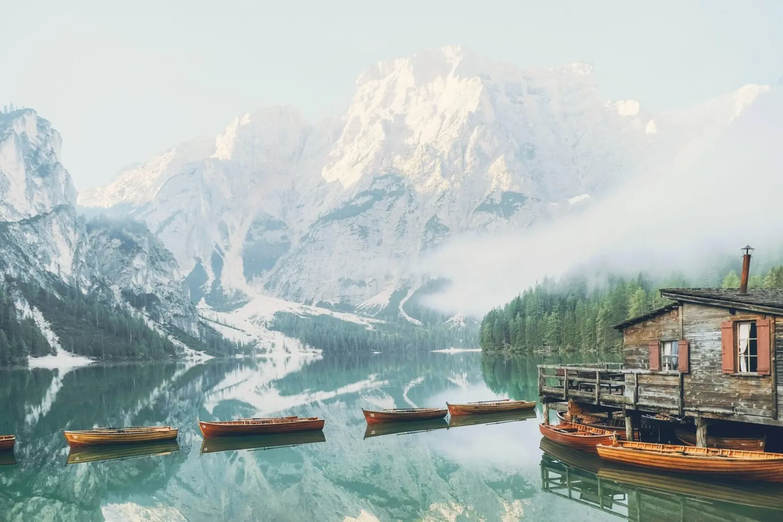 Dolomites, Italy I Lago di Braies lake and its wooden hut canvas by Julie Travel Photography