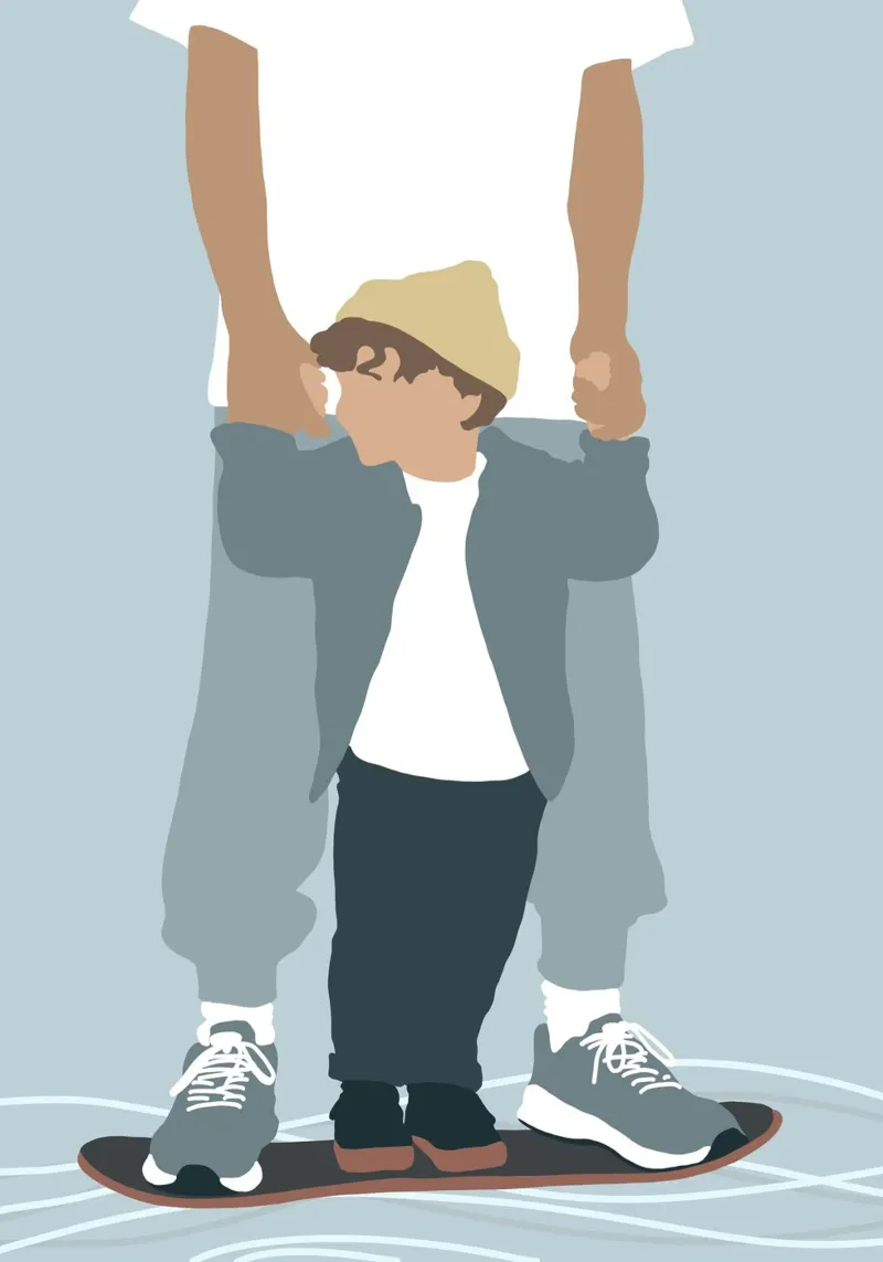Skate & Surf - Minimalistische vader-zoon illustratie hahnemühle van Tine Taler