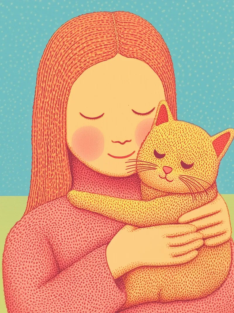 Scaldare l'animale domestico e ragazza abbraccio ritratto accogliente Cat Wall Pictures poster con telaio in legno da Kaji