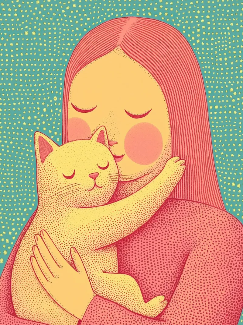 Día de la Madre Cat Wall Art - Cat Mother & Pet Hug Print poster con marco de plástico de Kaji