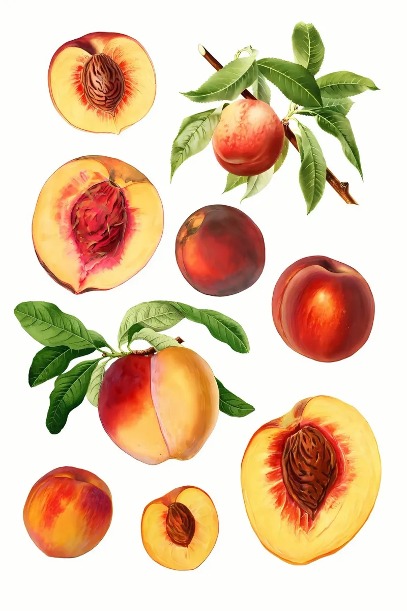 set di pesche fresche disegnate a mano su frutta, vintage, foglie, des pellicola backlit da Manhmai
