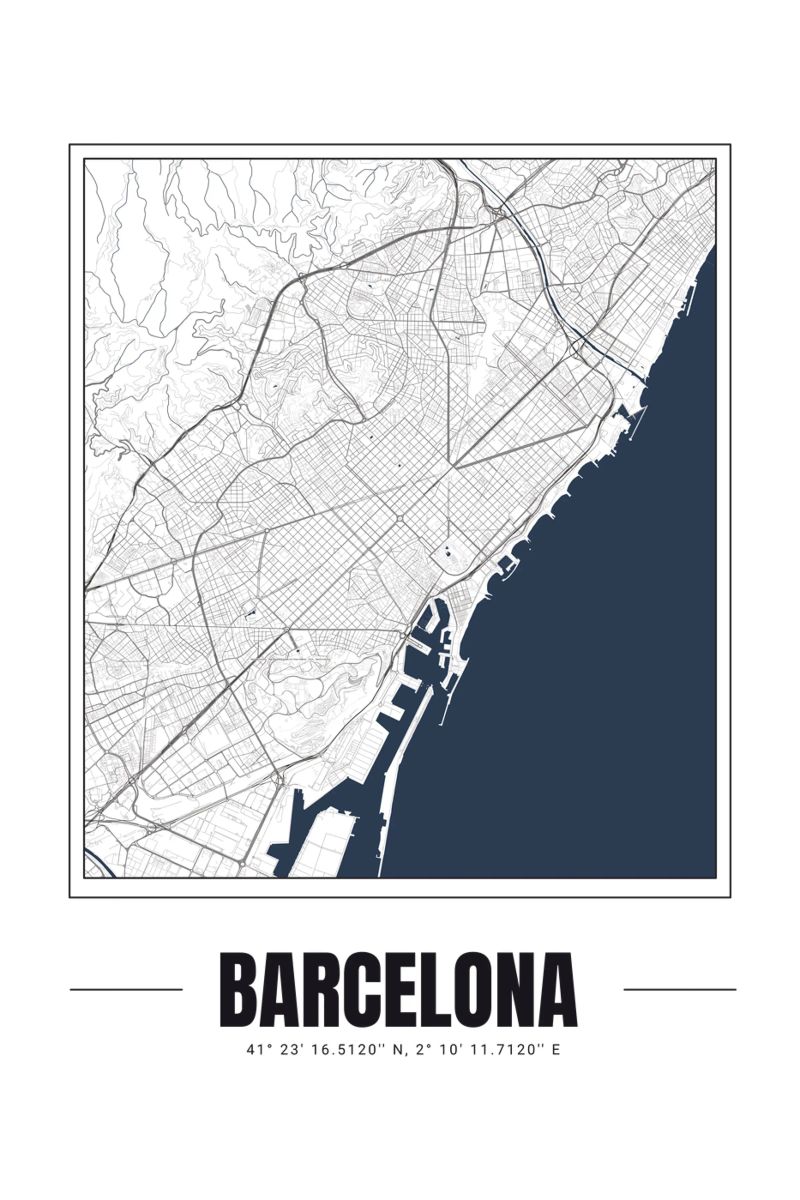 Minimalistische Barcelona-Karte - Moderne Schwarz-Weiß-Wandkunst Leinwand von Ben & Clo creations