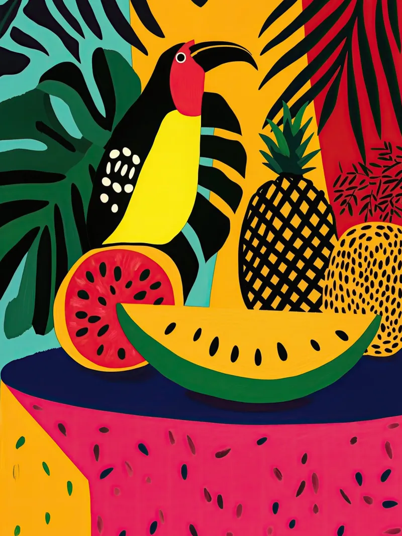 Natura morta tropicale fauvista con frutta e tucano alluminio dibond da Autofocus