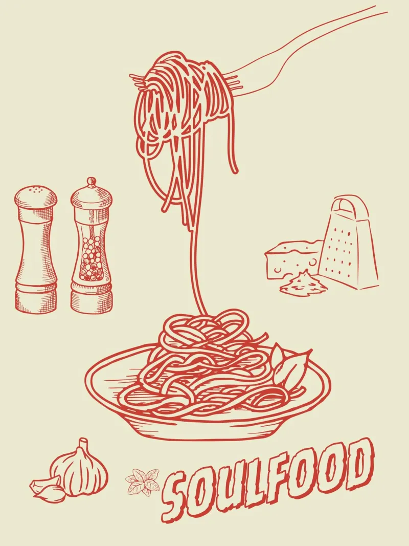 Pasta Art Print – Retro-Spaghetti mit Knoblauch & Käse Hahnemühle von Headless Monkeys