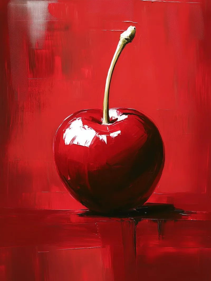 Bright cherry on a red background canvas with Floater frame by Spice & Style