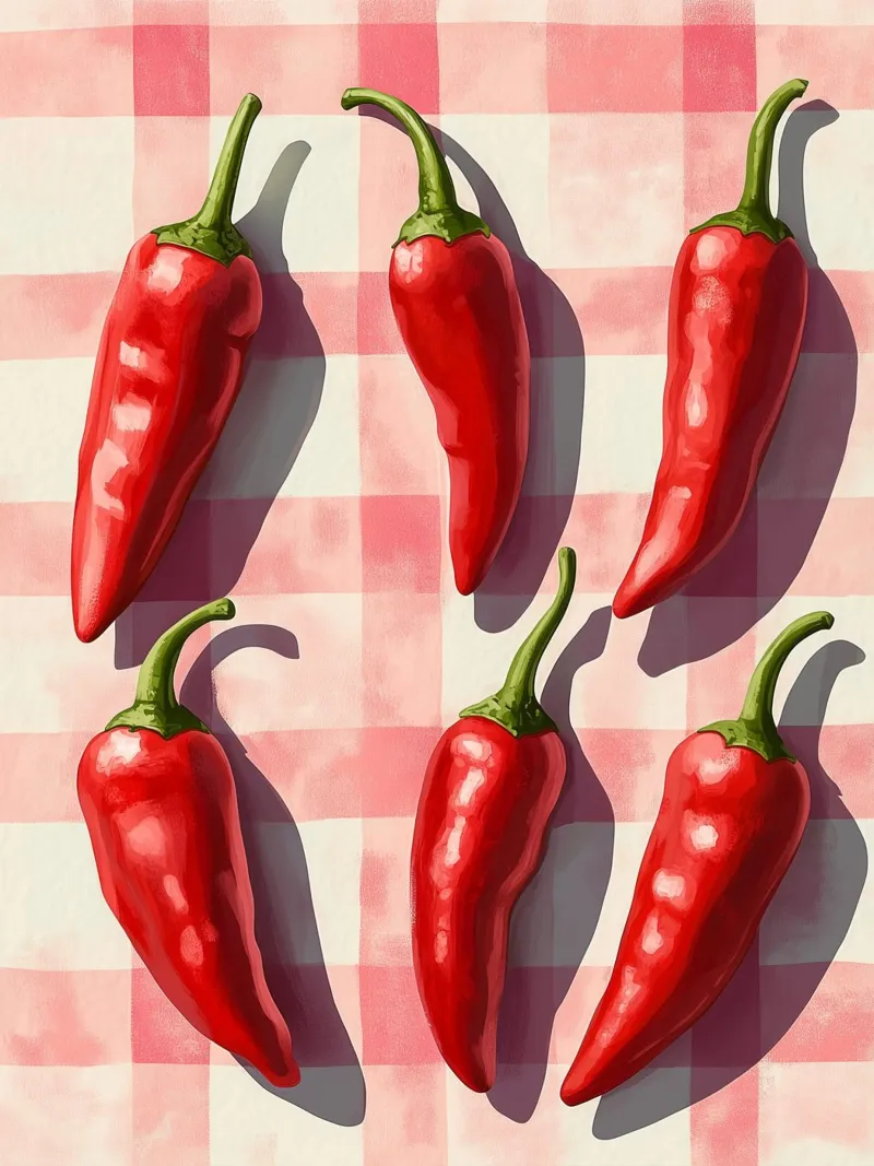 Pimientos rojos sobre un mantel de guinga hahnemühle de Spice & Style
