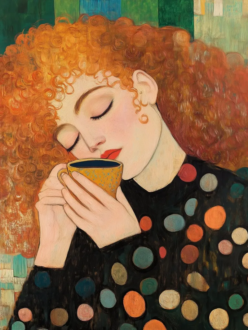 Caffè e ragazza ispirati a Gustav Klimt Eleganti fiori astratti poster da Kaji