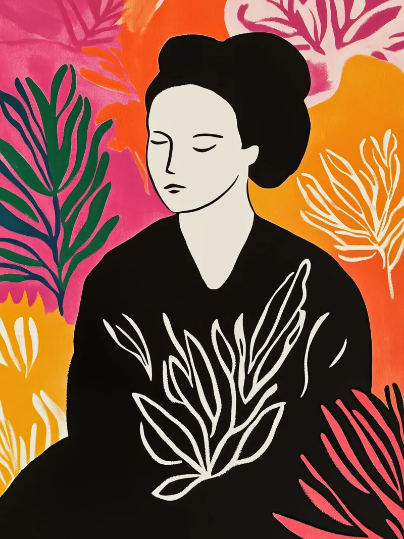 Vrouw in de tuin | Meditatie in de stijl van Matisse canvas met Baklijst van Autofocus
