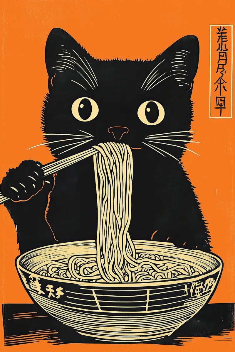 Gatto giapponese nero che si gode i noodles al ramen plexiglass da Autofocus