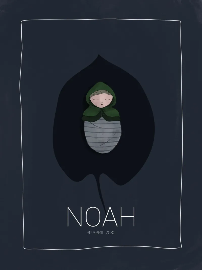 BAMBINO ADDORMENTATO SU FOGLIA CON NOME E DATA DI NASCITA poster da ALLÉE DE PAPIER