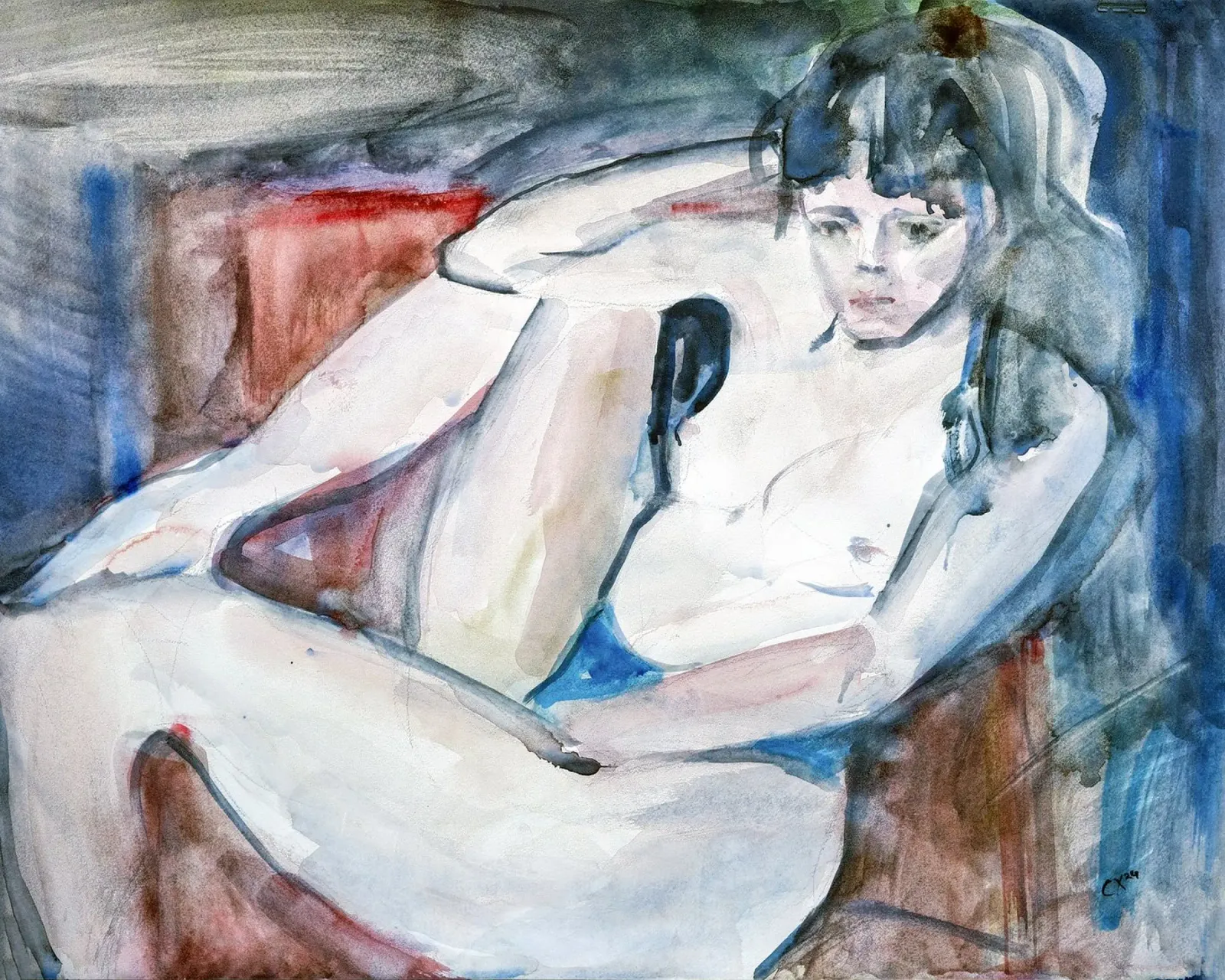 Painting of Nude Girl Lying on a Couch poster con telaio in plastica da Stoian Hitrov