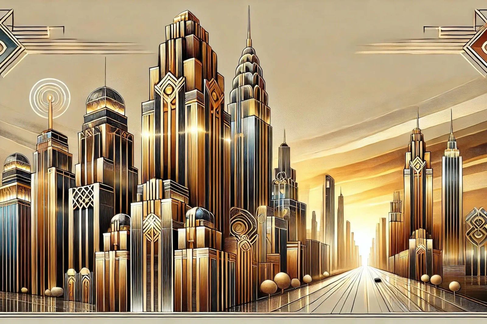 Golden City Skyline at Sunset in Art Deco poster by Chromatic Fusion Studio