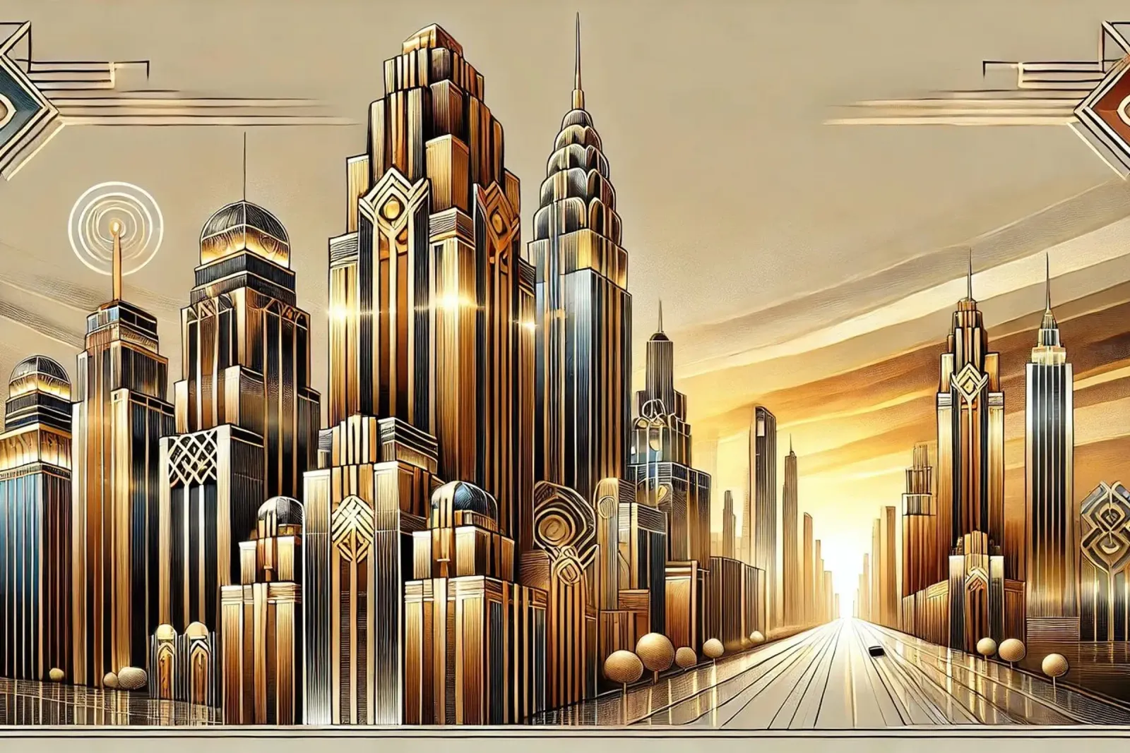 Skyline della città d'oro al tramonto in Art Deco pellicola backlit da Chromatic Fusion Studio