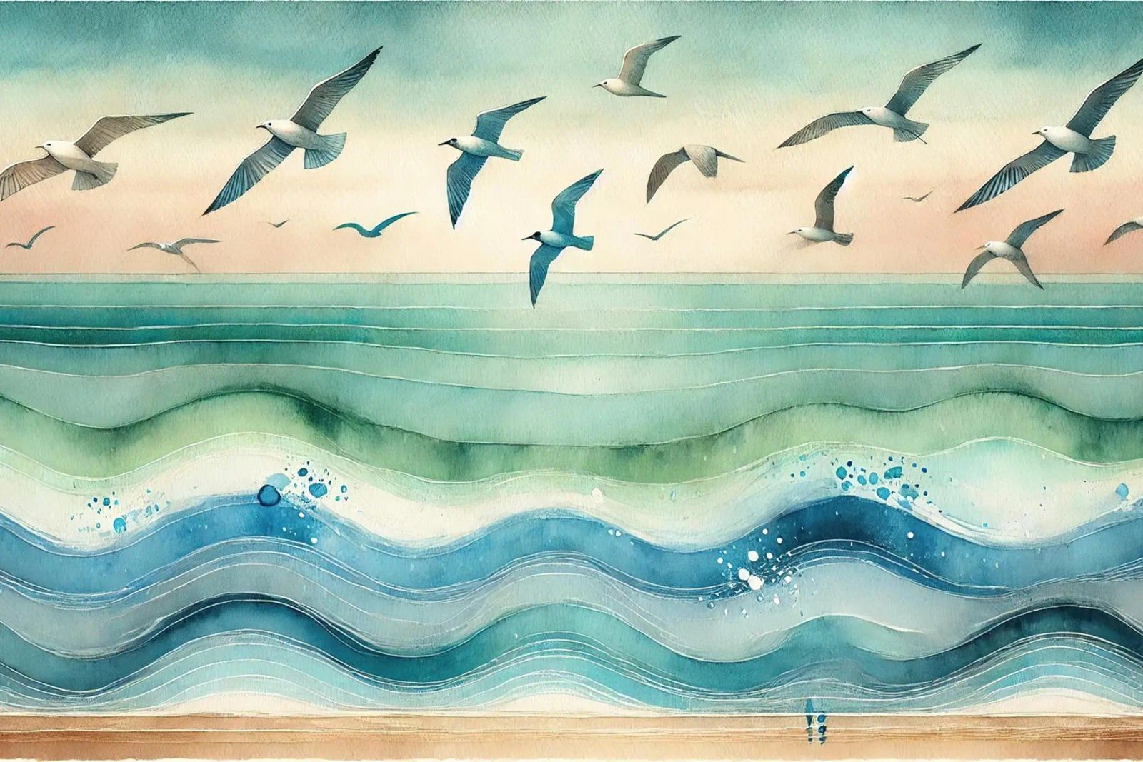 Zeemeeuwen zweven boven de golven in Art Deco poster van Chromatic Fusion Studio