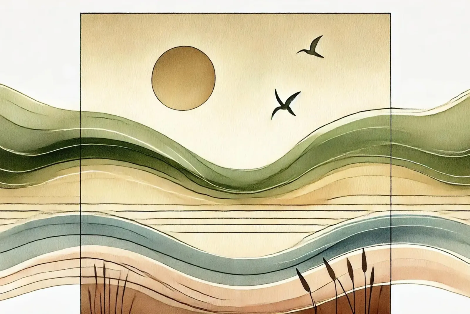 Serenity Sunset View in Art Deco poster with wooden frame by Chromatic Fusion Studio