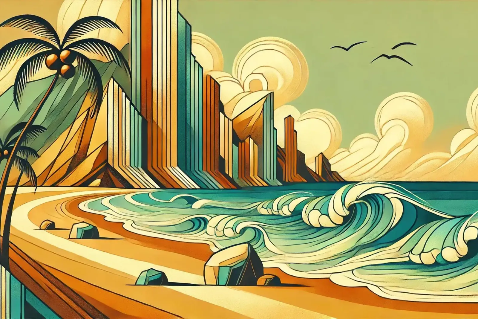 Serenità da paesaggio urbano tropicale in Art Déco poster da Chromatic Fusion Studio