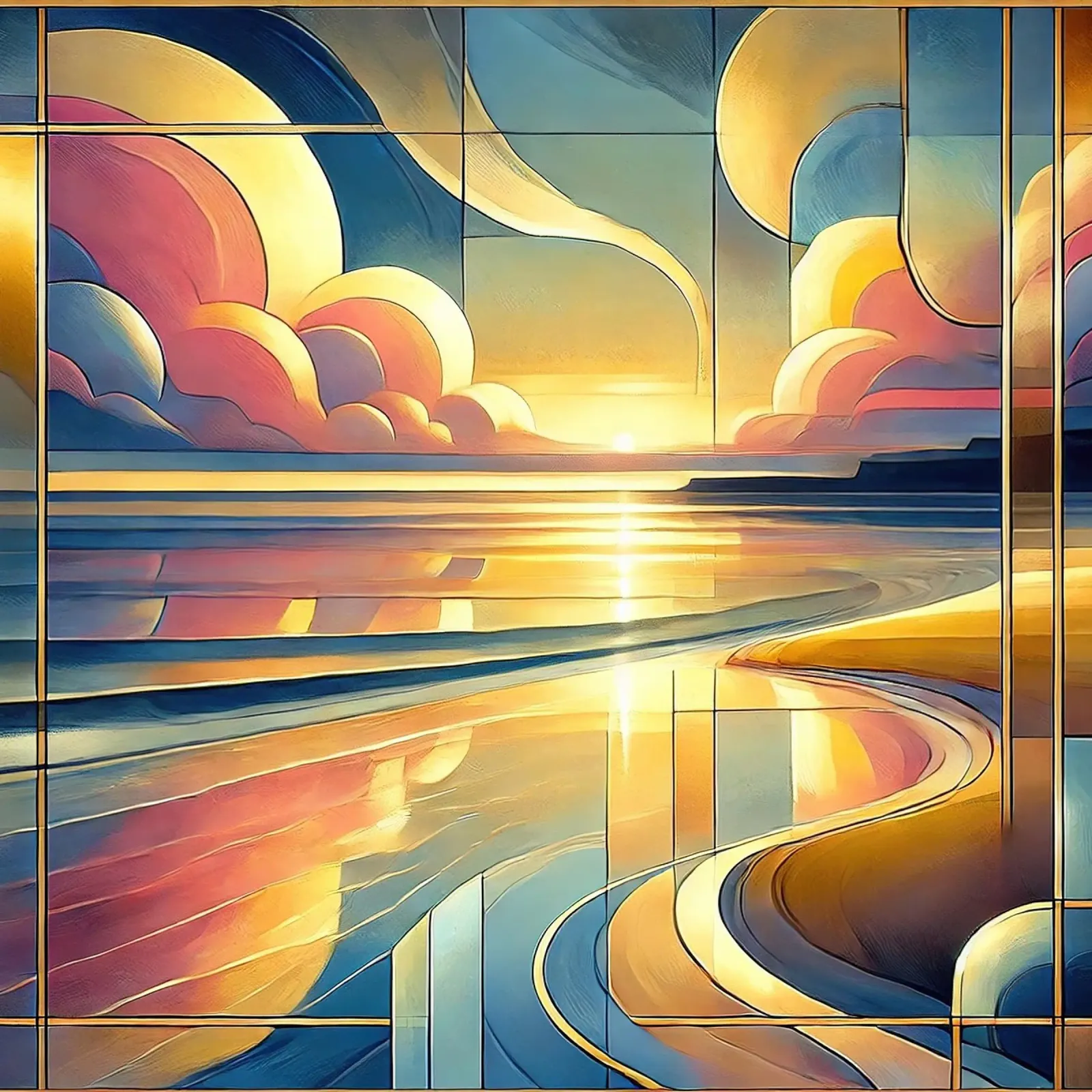 Lebendiger Blick auf den Sonnenuntergang im Art déco-Stil Hahnemühle von Chromatic Fusion Studio