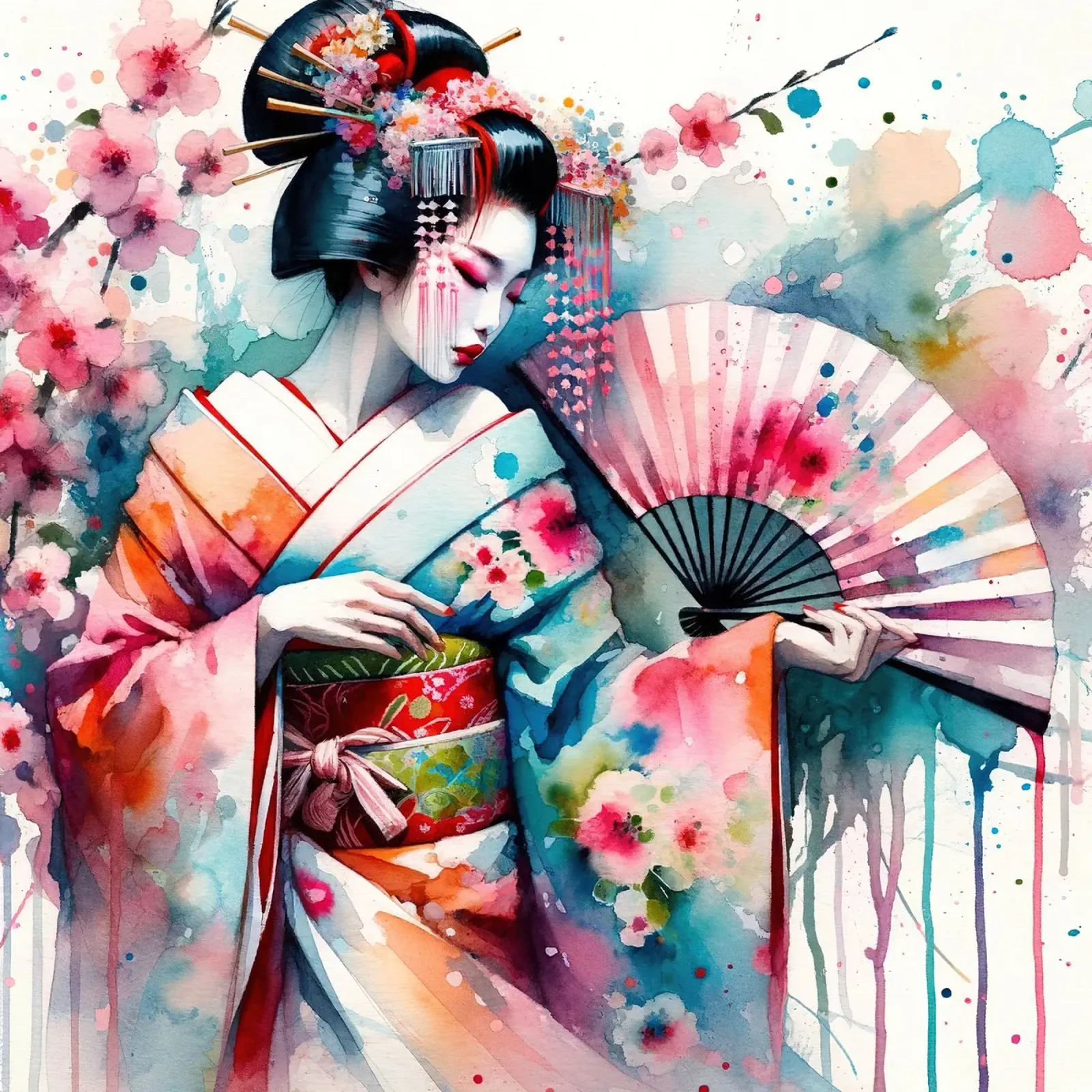 Watercolor Geisha Dancer poster con telaio in alluminio da Chromatic Fusion Studio