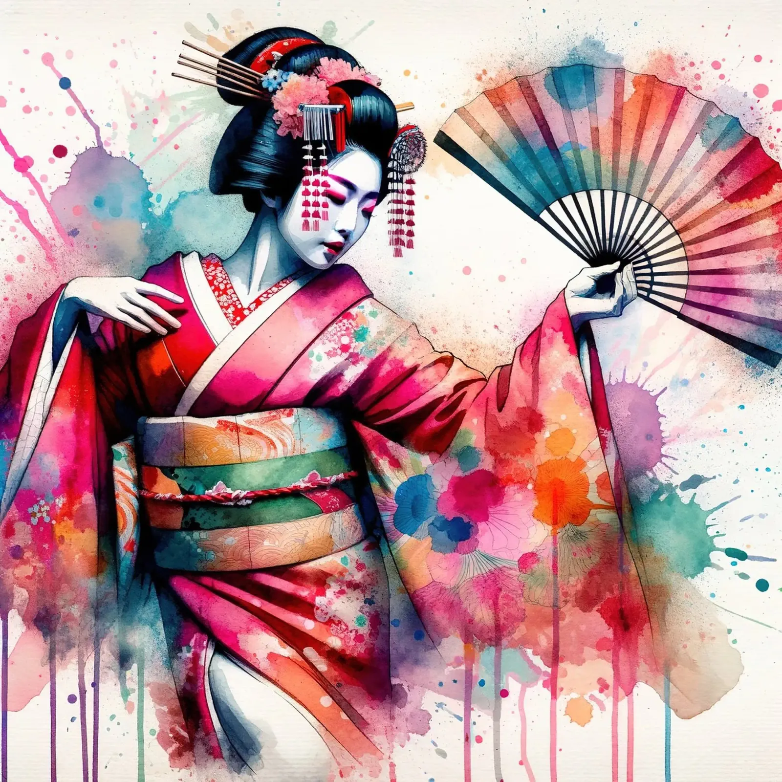 Watercolor Geisha Dancer poster con telaio in plastica da Chromatic Fusion Studio