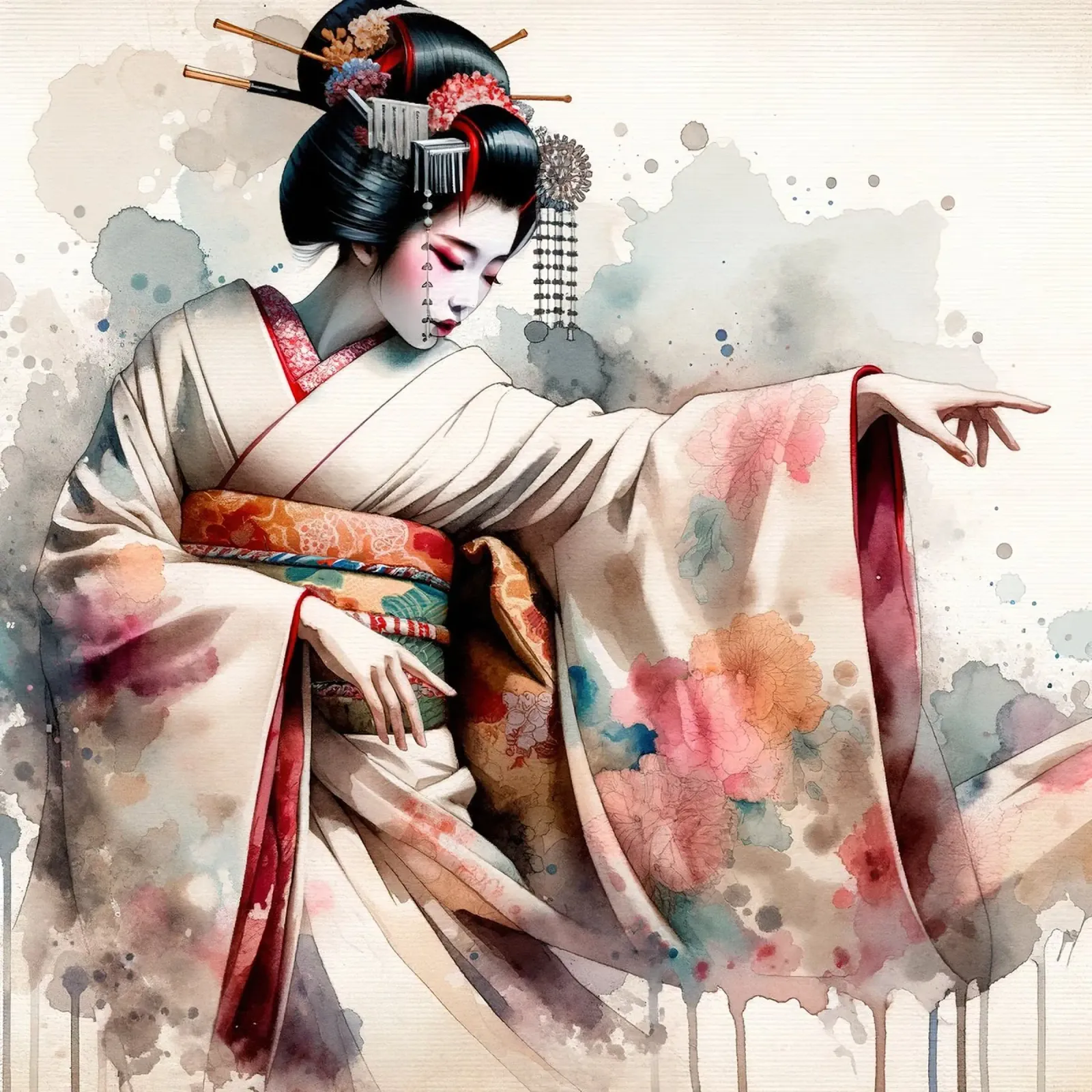 Watercolor Geisha Dancer poster con telaio in legno da Chromatic Fusion Studio