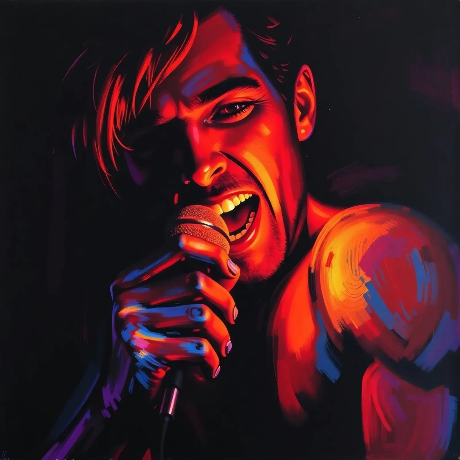 di una cantante appassionata, catturata in un'intensa scena poster da DesignDoodle