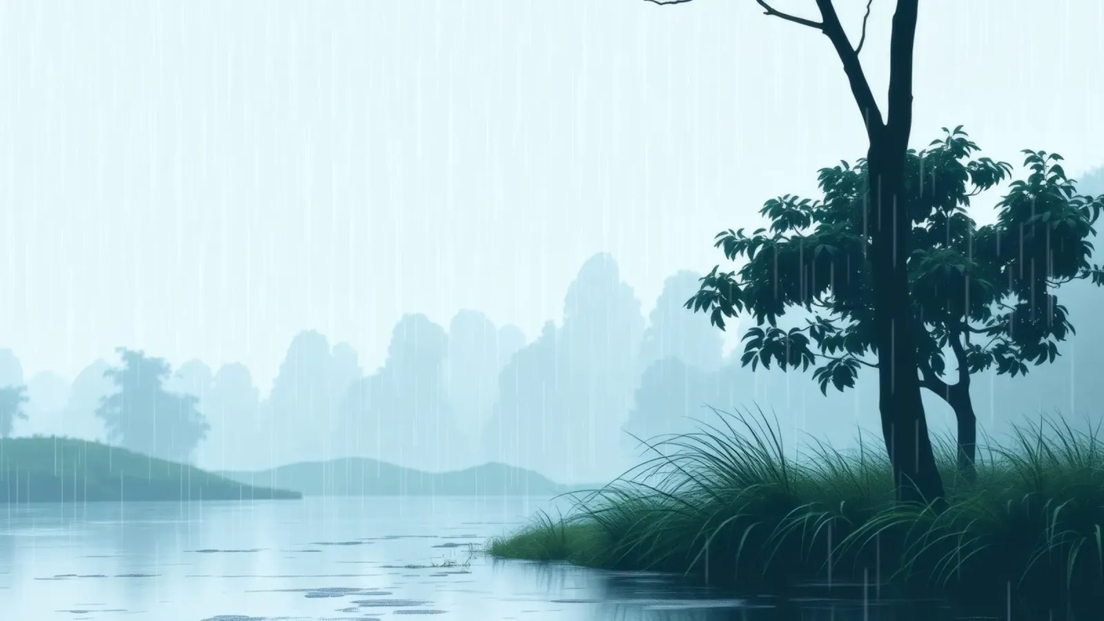 Paesaggio sereno con pioggia che cade su un fiume tranquillo pellicola backlit da DesignDoodle
