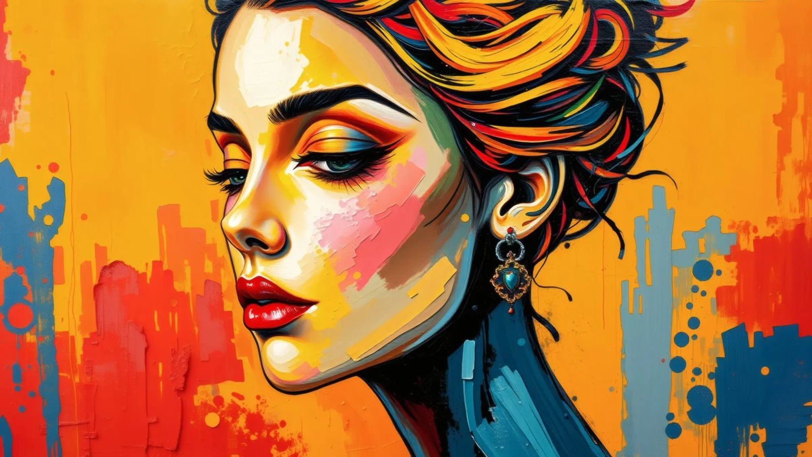 a woman with intricate hairstyle and bold makeup against poster by DesignDoodle