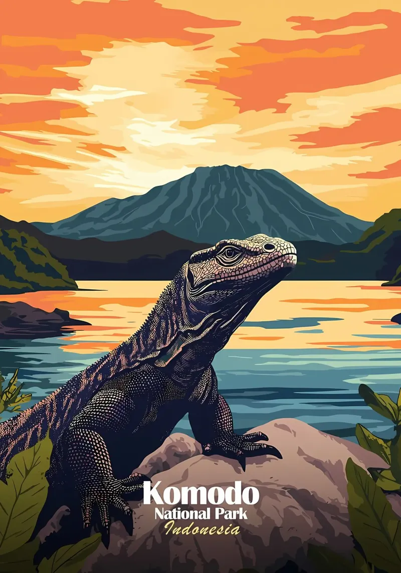 Komodovaraan Zonsondergang canvas met Baklijst van Ginnery