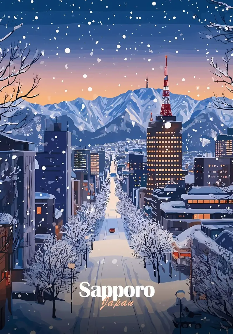 Paesaggio urbano di Sapporo innevato poster da Ginnery