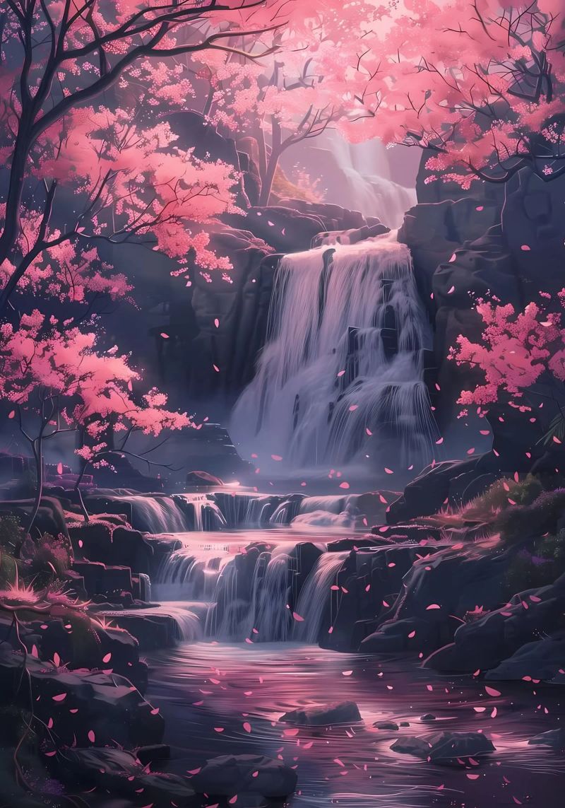Waterfall Sakura Trees pellicola backlit da Ruth