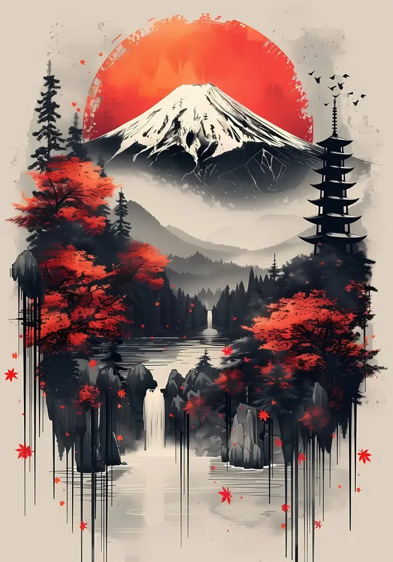 Paesaggio asiatico vintage poster con telaio in legno da Mikesell
