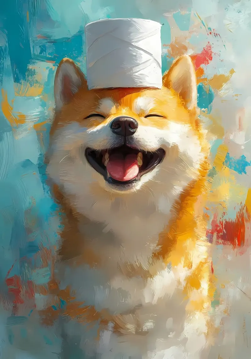 Lachende Shiba Inu met wc-papier hoed hahnemühle van Ginnery