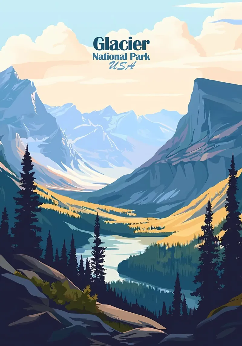 Parco nazionale dei ghiacciai poster con telaio in plastica da Ginnery