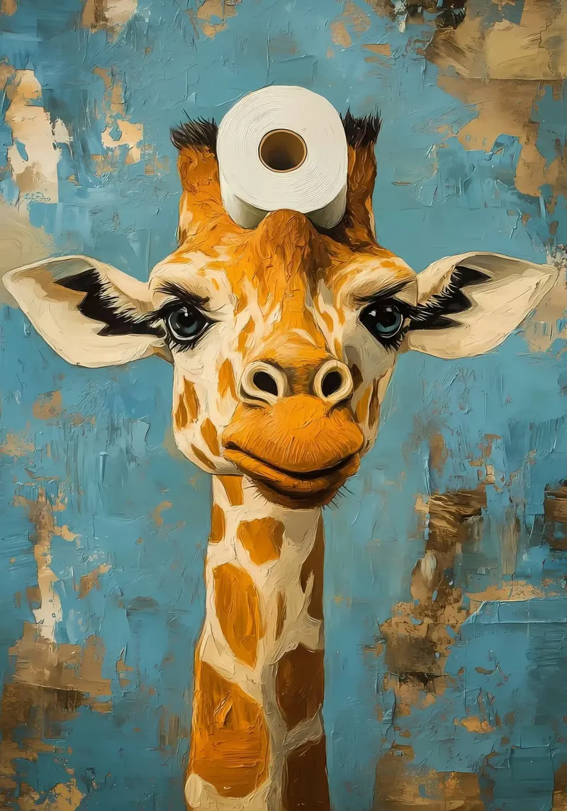 Giraffa con carta igienica poster con telaio in plastica da Ginnery