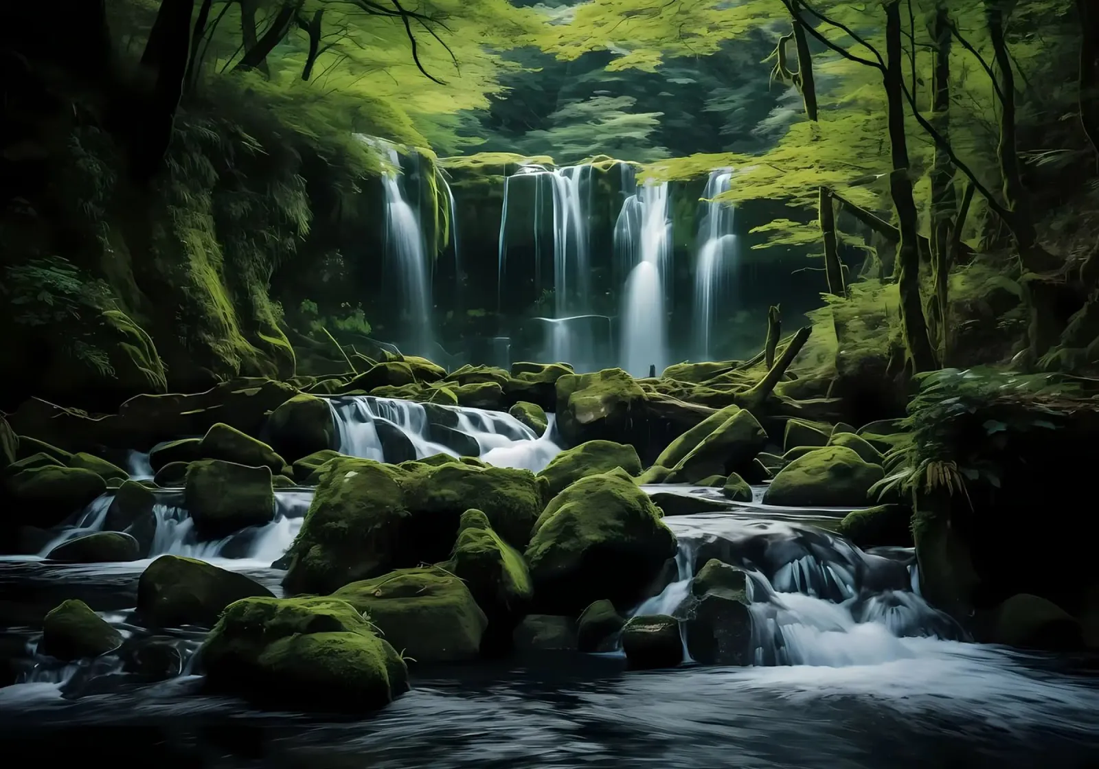 Cascata nella natura della foresta poster con telaio in legno da Mikesell