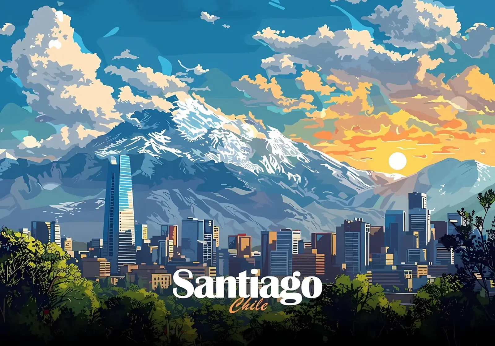Skyline di Santiago del Cile poster con telaio in alluminio da Ginnery