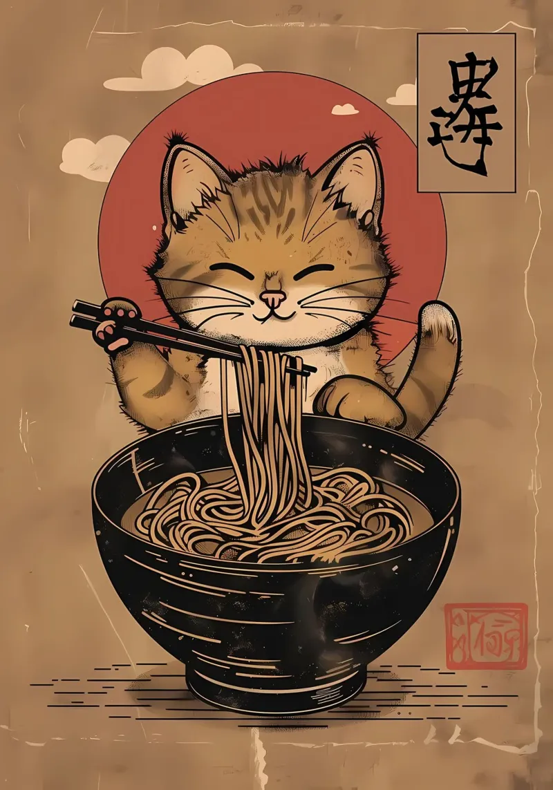 Cat Ramen Giappone tela con Cornice a cassetta da Mikesell