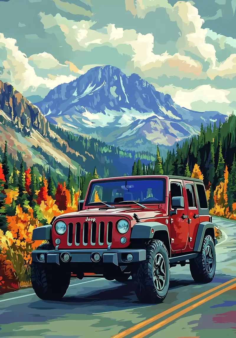 Jeep nel paesaggio montano poster da Ginnery