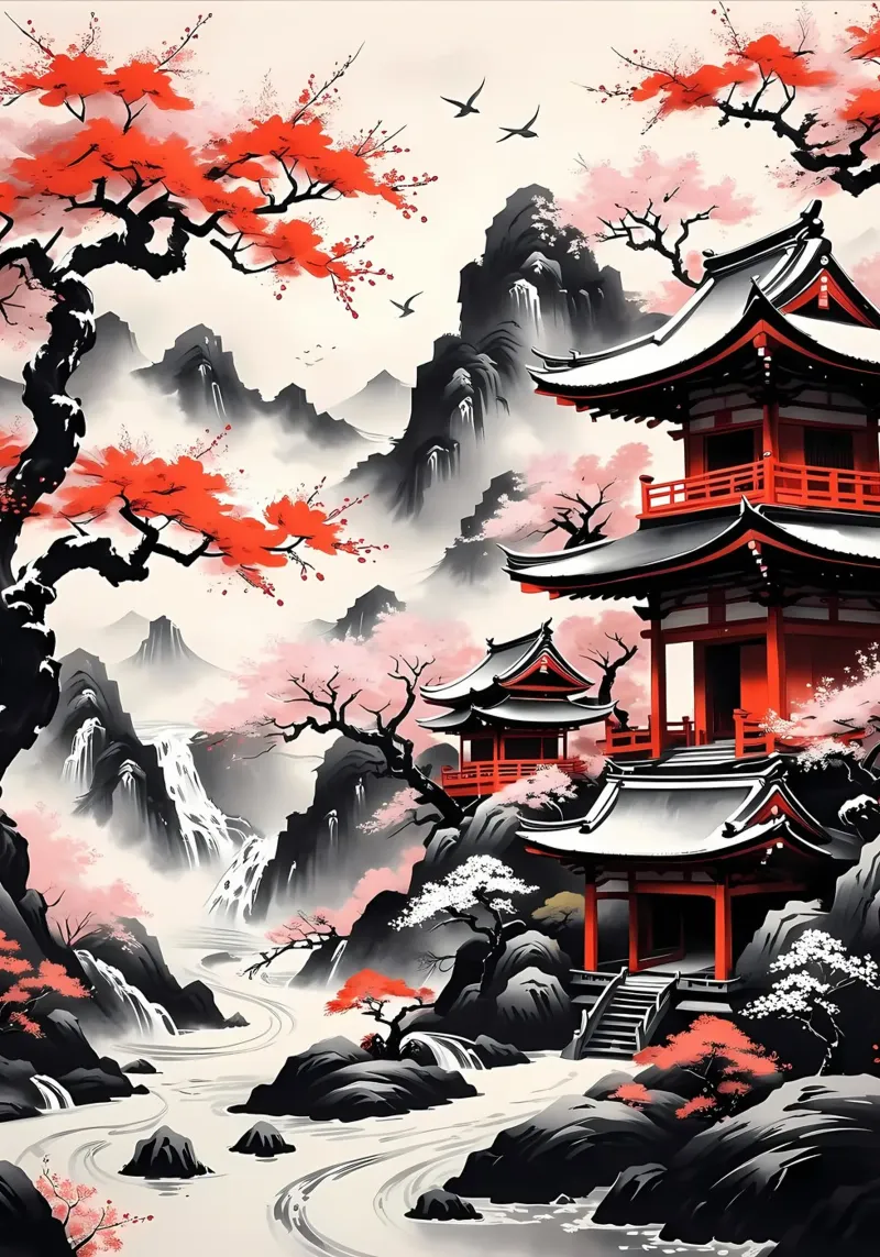 Lavis d'encre pour temple japonais film rétro-éclairé de Mikesell