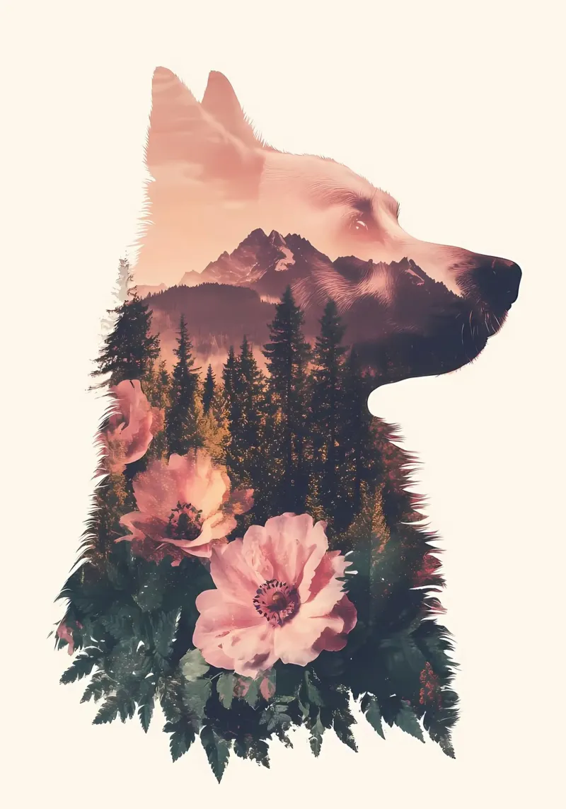 Paesaggio della montagna del lupo poster con telaio in legno da Ginnery