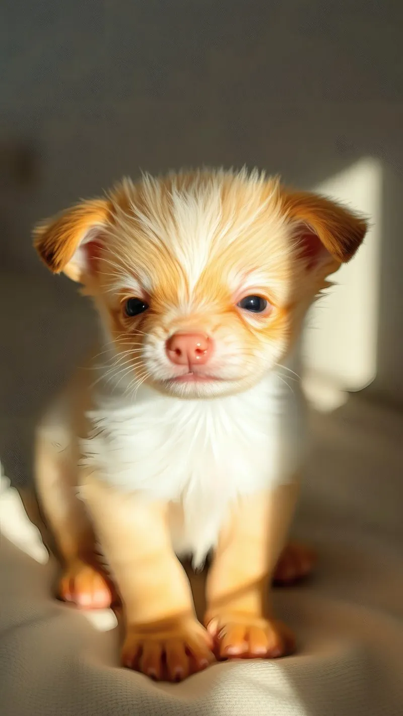 Cute small puppy with fluffy coat sitting on lighted surface canvas by DesignDoodle