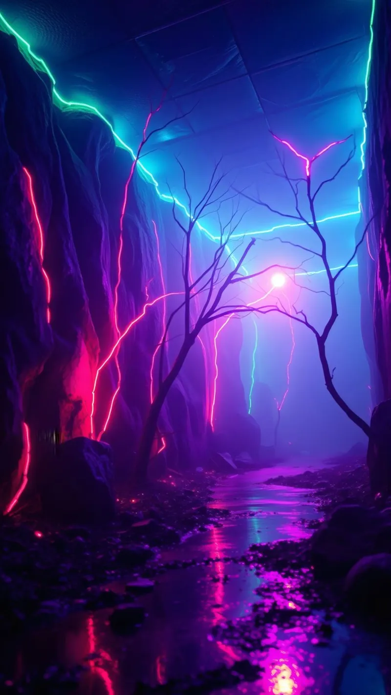 Vibranti colori al neon illuminano un canyon mistico pellicola backlit da DesignDoodle