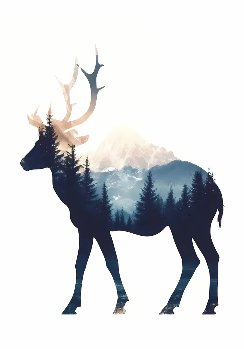 Silhouette della montagna dei cervi poster con telaio in alluminio da Ginnery