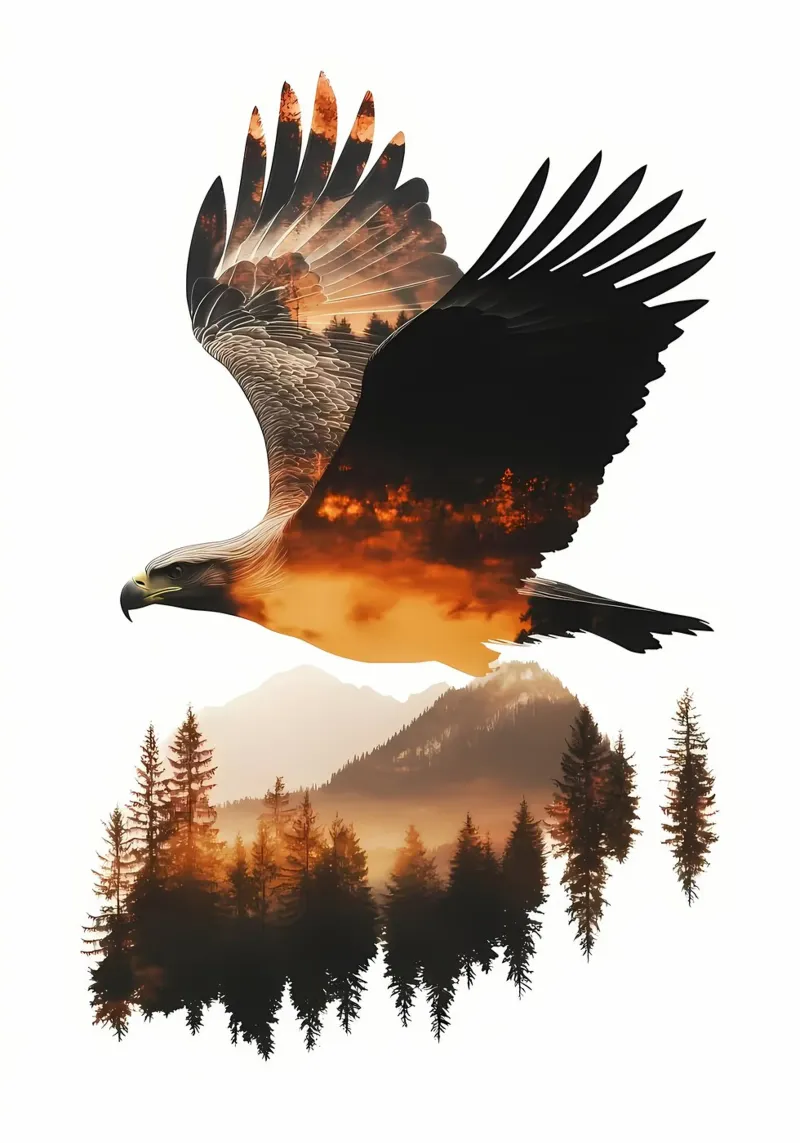 Aigle s'élevant à travers les montagnes poster avec cadre en aluminium de Ginnery